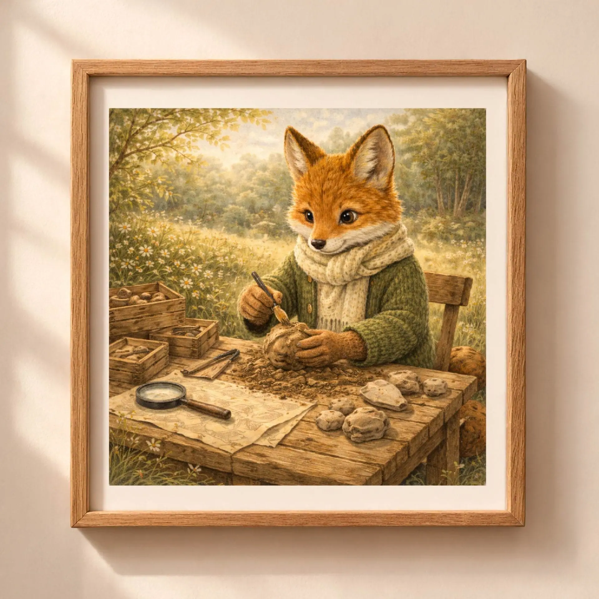 Fox Archaeologist Printable Wall Art Woodland Cottagecore 1 Fox archaeologist printable wall art woodland animal illustration studying artifacts at rustic table cottagecore decor