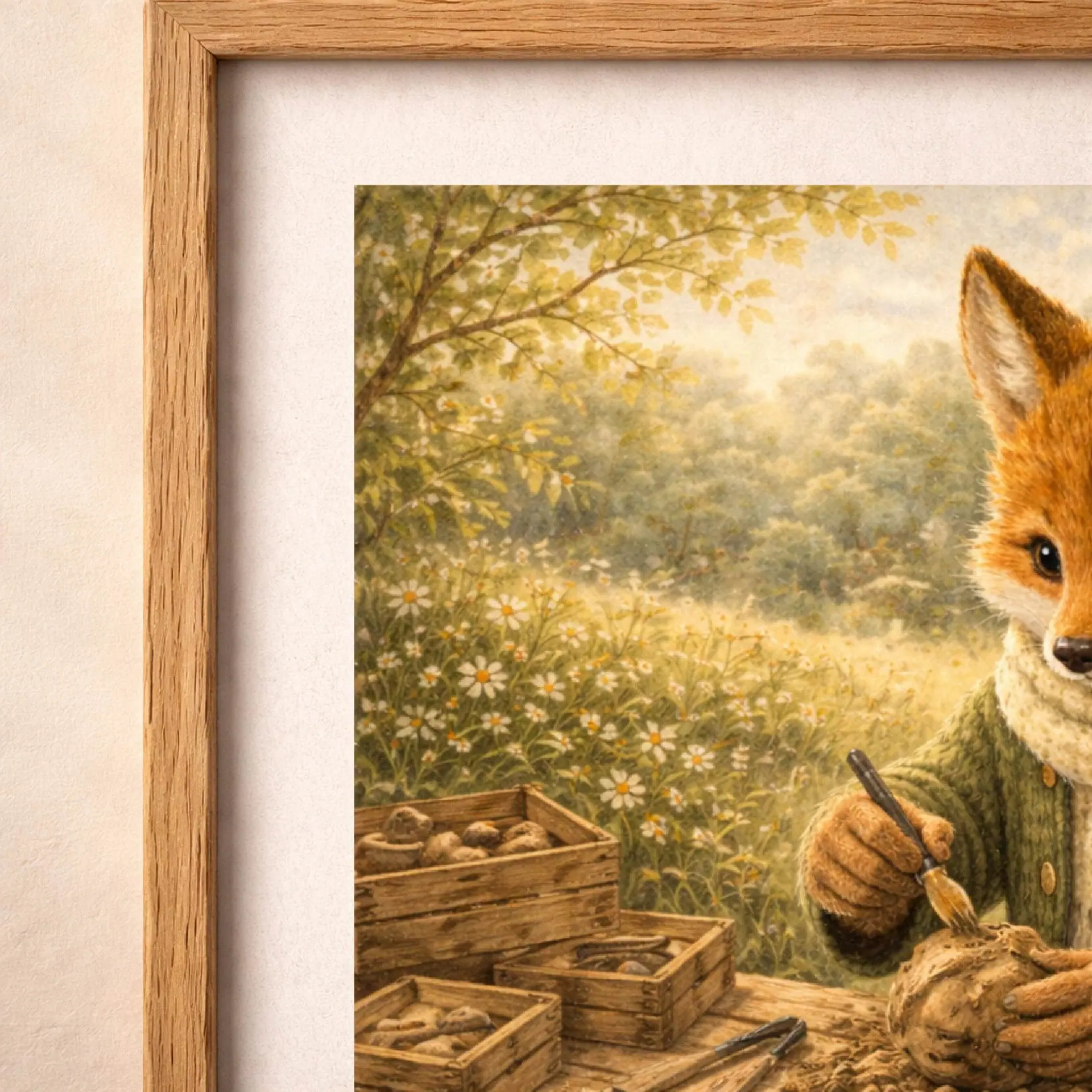 Fox Archaeologist Printable Wall Art Woodland Cottagecore 4 Fox archaeologist printable wall art detail showing texture and artifacts illustration