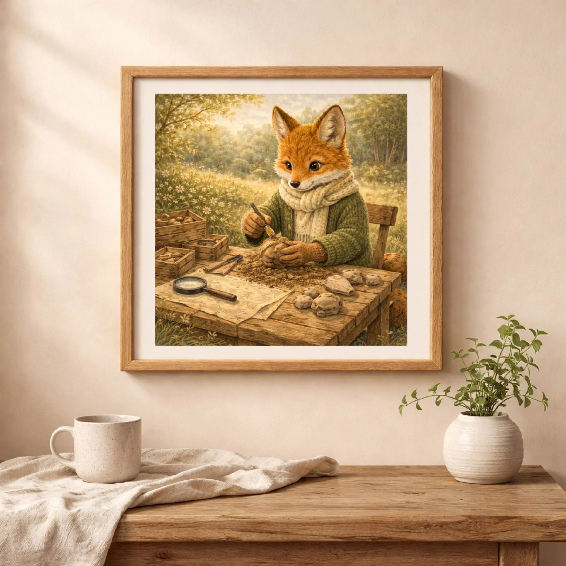 Fox Archaeologist Printable Wall Art Woodland Cottagecore 2 Fox archaeologist printable wall art displayed in cozy cottagecore interior home decor
