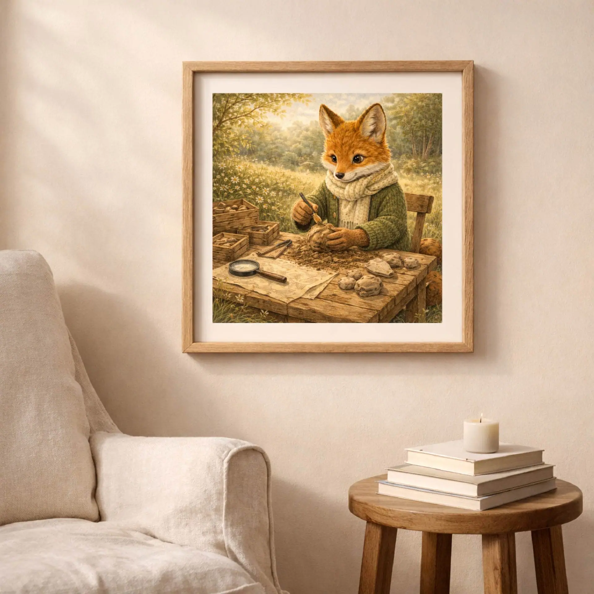 Fox Archaeologist Printable Wall Art Woodland Cottagecore 3 Woodland fox archaeologist printable wall art in cozy neutral interior decor