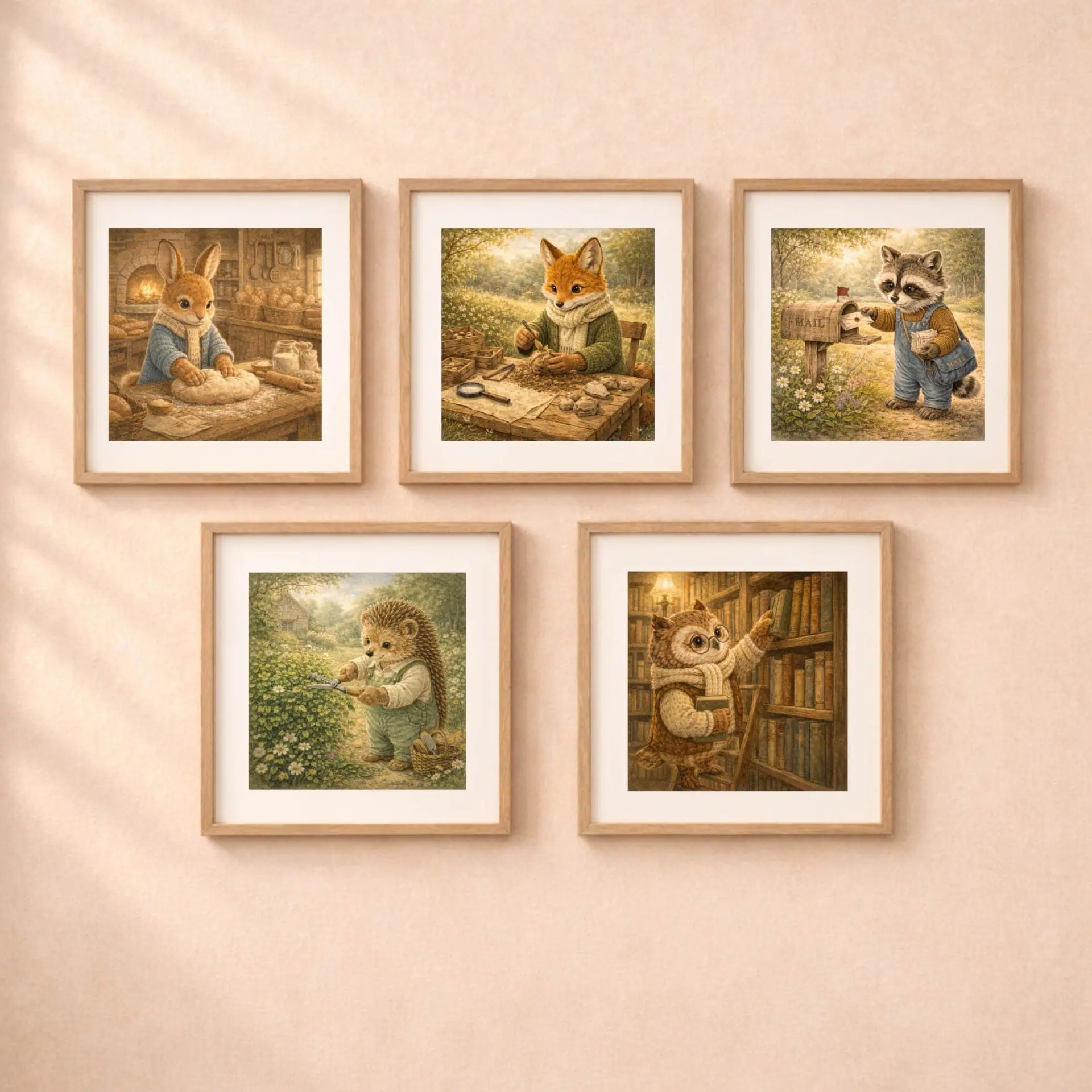 Fox Archaeologist Printable Wall Art Woodland Cottagecore 6 Woodland professions animal printable wall art set fox archaeologist baker postman gardener owl librarian