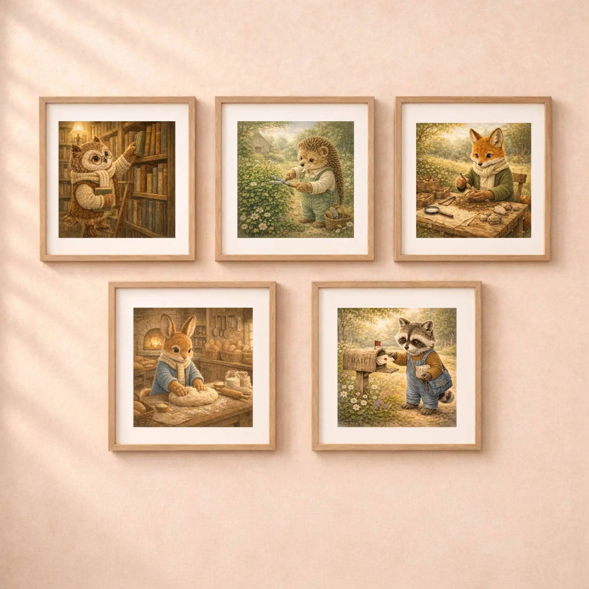 Hedgehog Gardener Printable Wall Art Cottagecore Decor 6 Woodland animal printable wall art set hedgehog gardener owl librarian bunny baker fox archaeologist raccoon postman