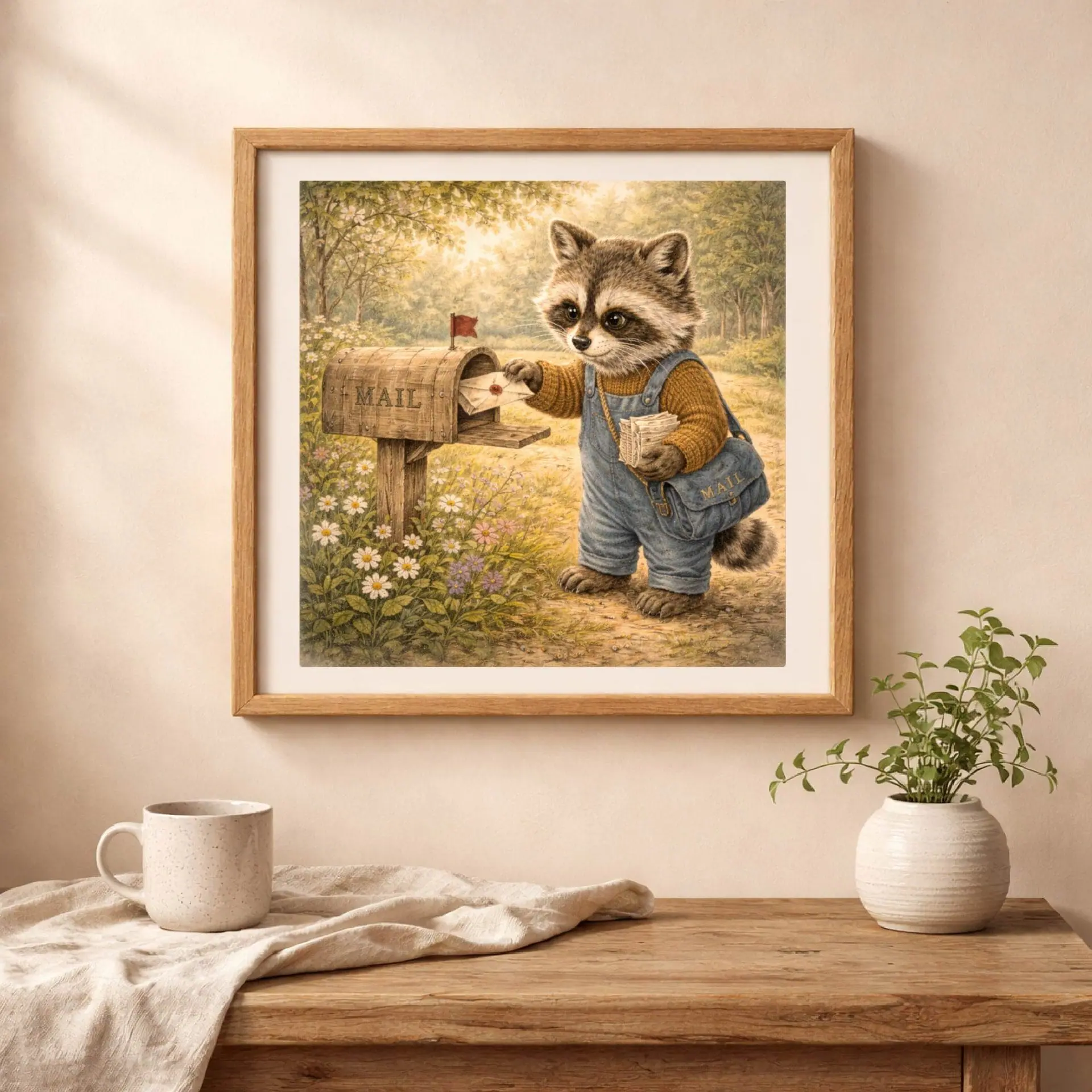Raccoon Postman Printable Wall Art in cottagecore interior rustic home decor mockup