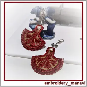 ITH Machine Embroidery Earrings with Fringe and Pearl • Red and Gold In The Hoop Design by Embroidery Manavi 05