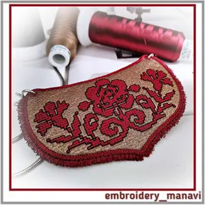 ITH machine embroidery design for rose cornflower necklace. French knot cross stitch fringe jewelry. Manual digitization Embroidery Manavi 05. Instant download.
