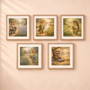 quiet woodland spring walks animal wall art set fox bunny raccoon owl hedgehog printable