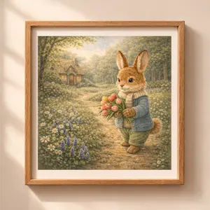 Bunny woodland printable wall art in cozy cottagecore style, rabbit holding flowers near forest cottage, Quiet Woodland illustration