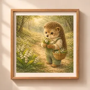 Hedgehog woodland printable wall art, spring forest illustration, cozy cottagecore animal art, Quiet Woodland style hedgehog with flowers