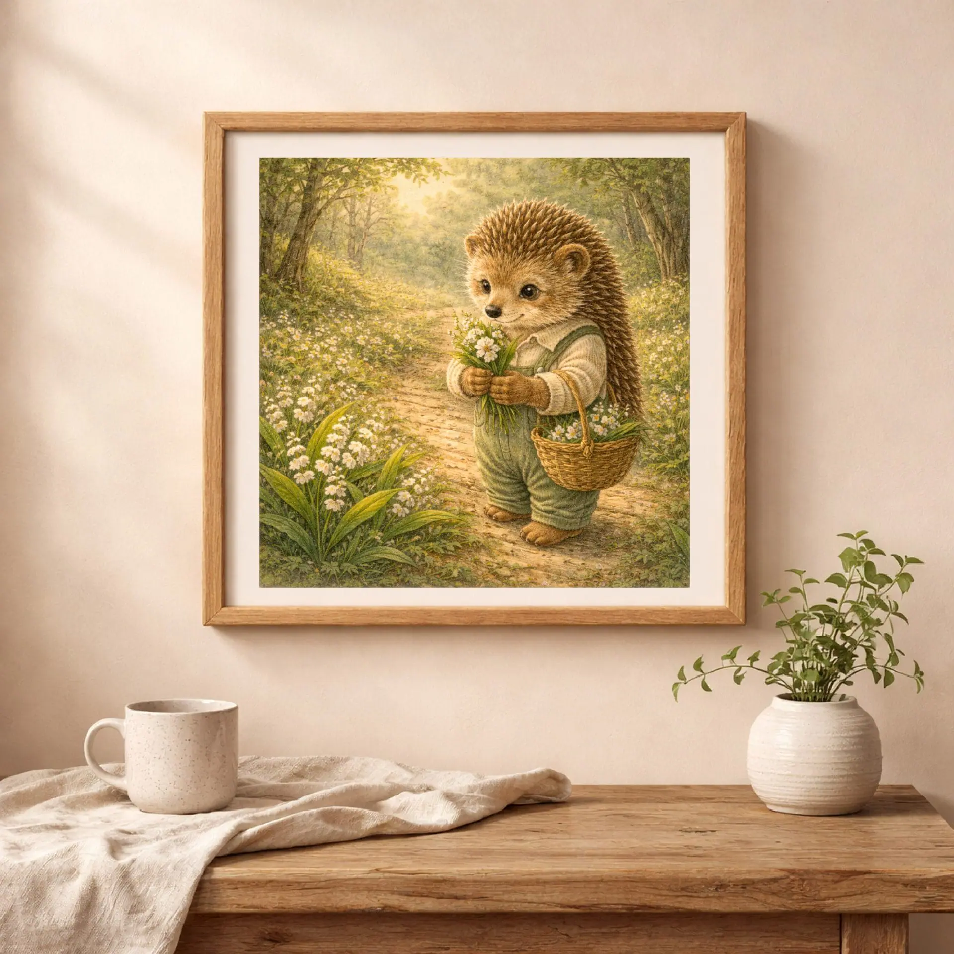 hedgehog woodland printable wall art in cozy cottagecore interior, framed forest animal illustration on wall, warm neutral home decor