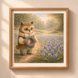 Owl woodland printable wall art, cottagecore animal illustration in frame, Quiet Woodland owl with floral wreath in spring forest