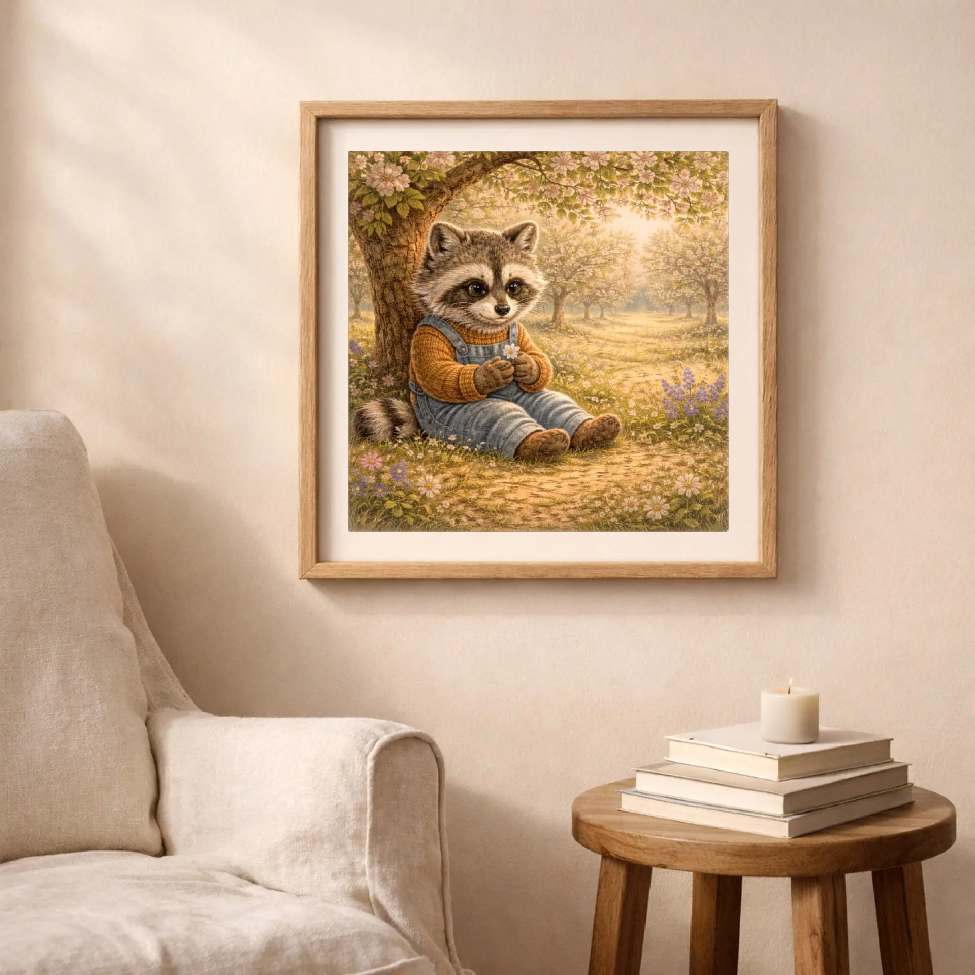 Raccoon Woodland Printable Wall Art Cottagecore Decor 3 Raccoon woodland printable wall art above chair in cozy living room, cottagecore nursery decor Quiet Woodland illustration