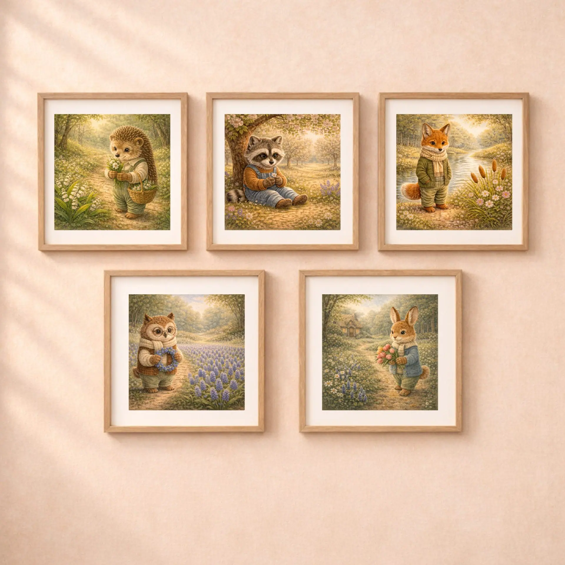Raccoon Woodland Printable Wall Art Cottagecore Decor 6 Woodland animal printable wall art set raccoon fox rabbit owl hedgehog Quiet Woodland collection cottagecore decor
