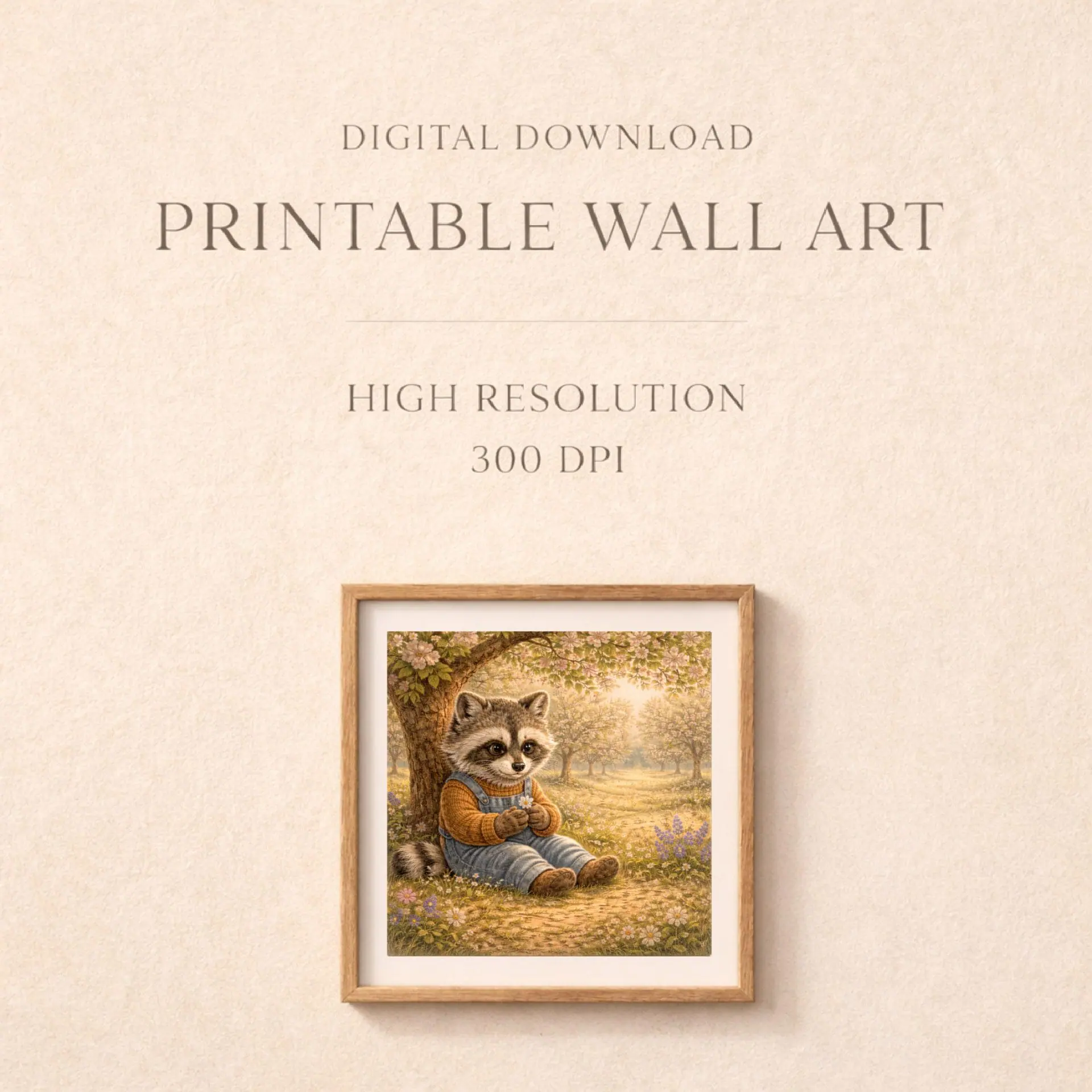 Raccoon Woodland Printable Wall Art Cottagecore Decor 5 Raccoon woodland printable wall art digital download high resolution 300 dpi Quiet Woodland illustration