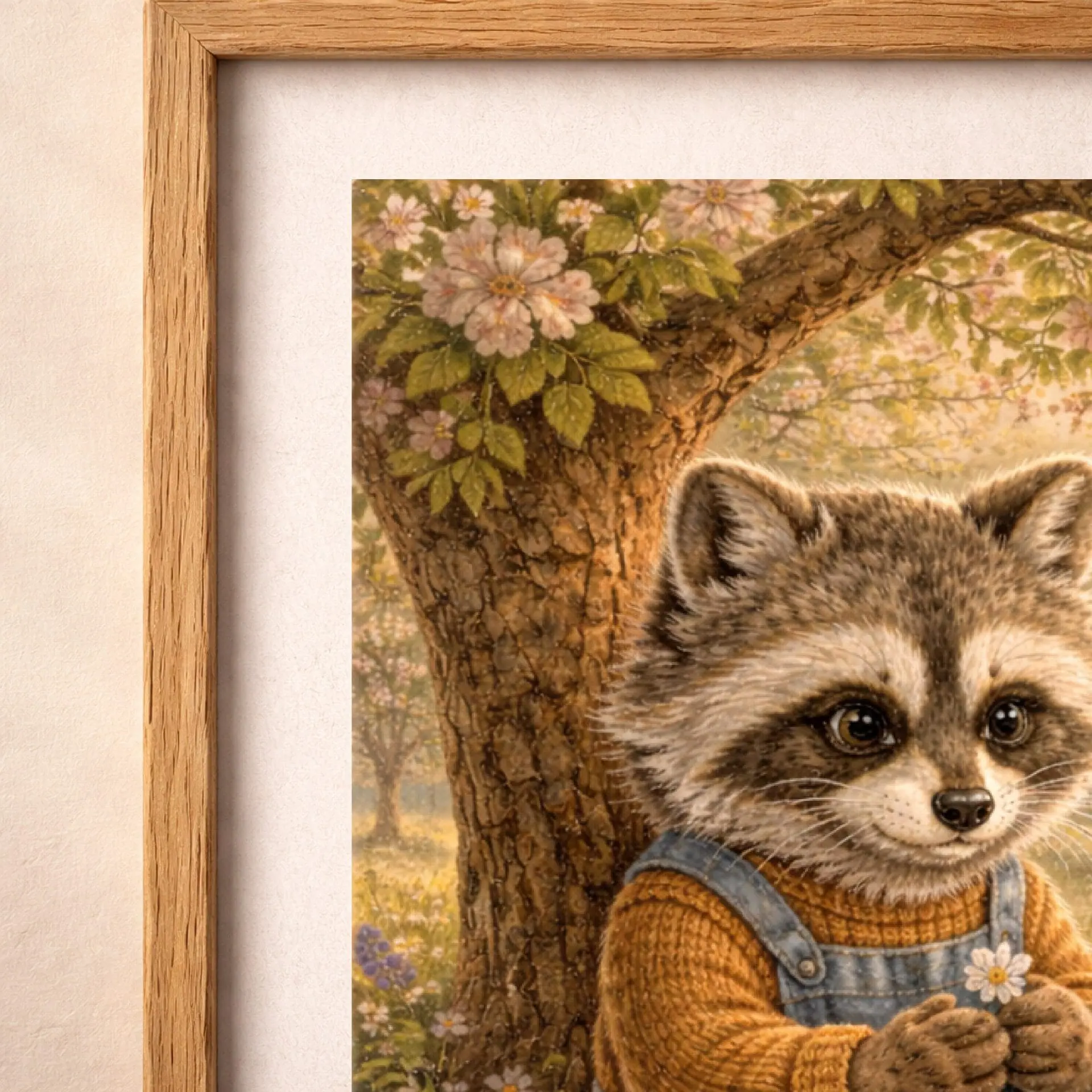 Raccoon Woodland Printable Wall Art Cottagecore Decor 4 Close up raccoon woodland printable wall art showing soft textures and vintage storybook details Quiet Woodland