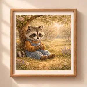 Raccoon woodland printable wall art in vintage storybook style, cute raccoon under blooming tree, Quiet Woodland illustration