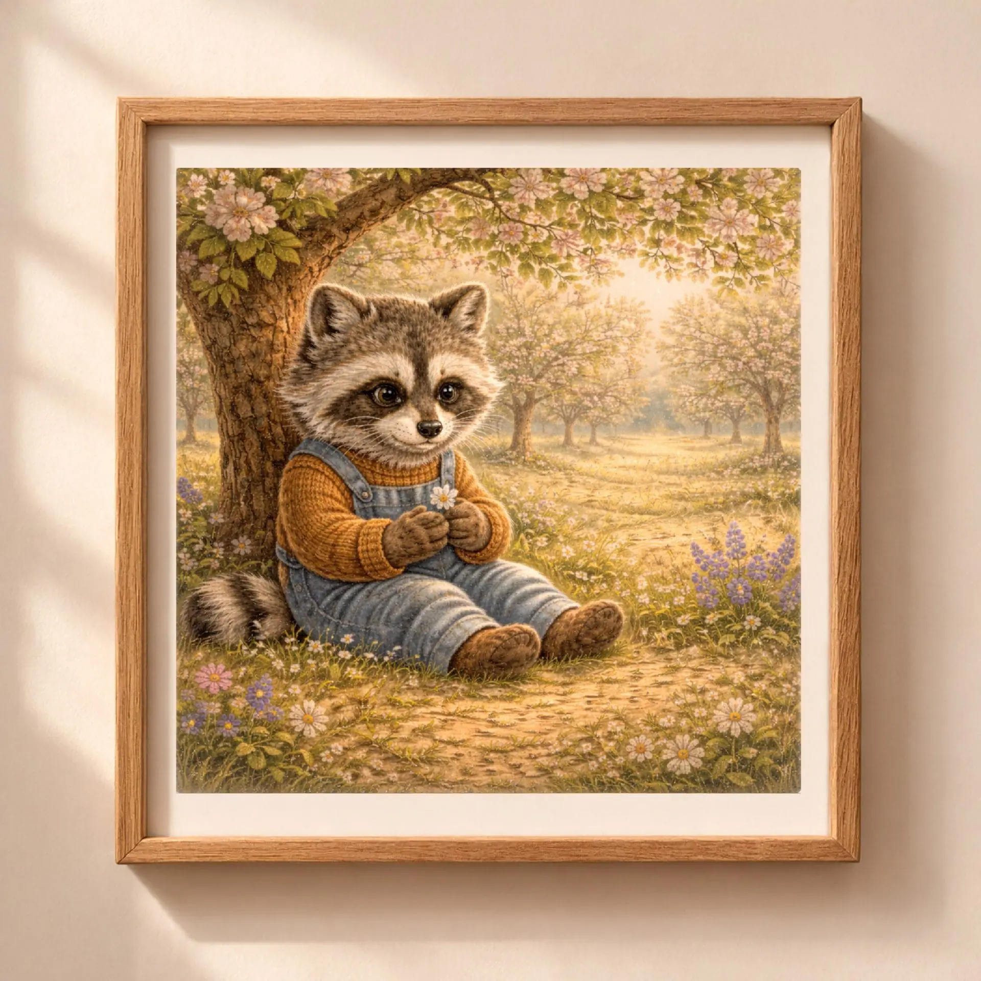 Raccoon Woodland Printable Wall Art Cottagecore Decor 1 Raccoon woodland printable wall art in vintage storybook style, cute raccoon under blooming tree, Quiet Woodland illustration