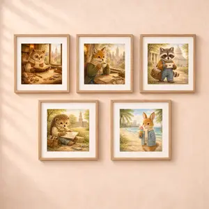 Woodland Animals Travel USA printable wall art set, fox New York raccoon Washington owl city illustration gallery wall
