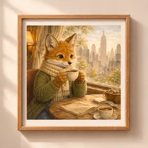 Fox New York Printable Wall Art, woodland animal illustration with city skyline, cozy fox drinking coffee, Quiet Woodland style