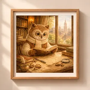 Owl Boston printable wall art, cozy owl reading in vintage study with Boston city view, woodland animal illustration Quiet Woodland style