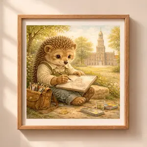 Hedgehog Philadelphia printable wall art, cute woodland animal sketching near Independence Hall, Quiet Woodland illustration