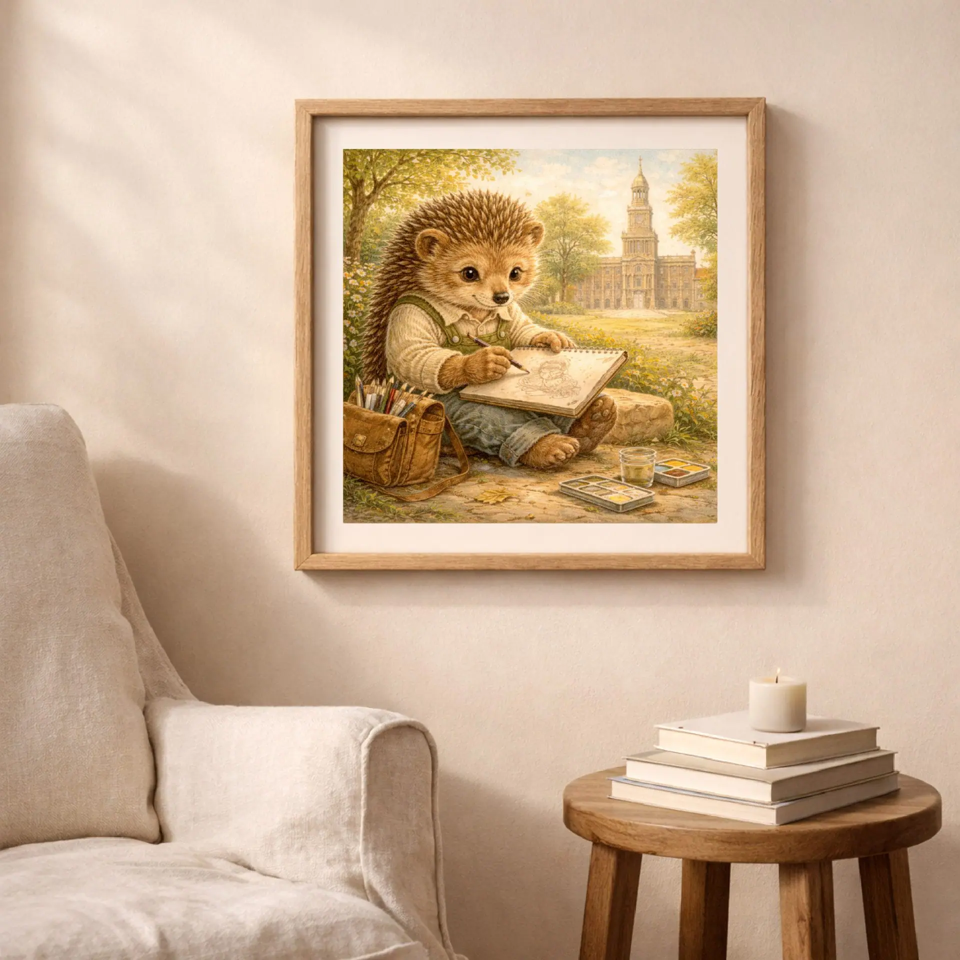Hedgehog Philadelphia Printable Wall Art USA Travel Decor 3 Hedgehog Philadelphia printable wall art in living room, woodland nursery decor above chair