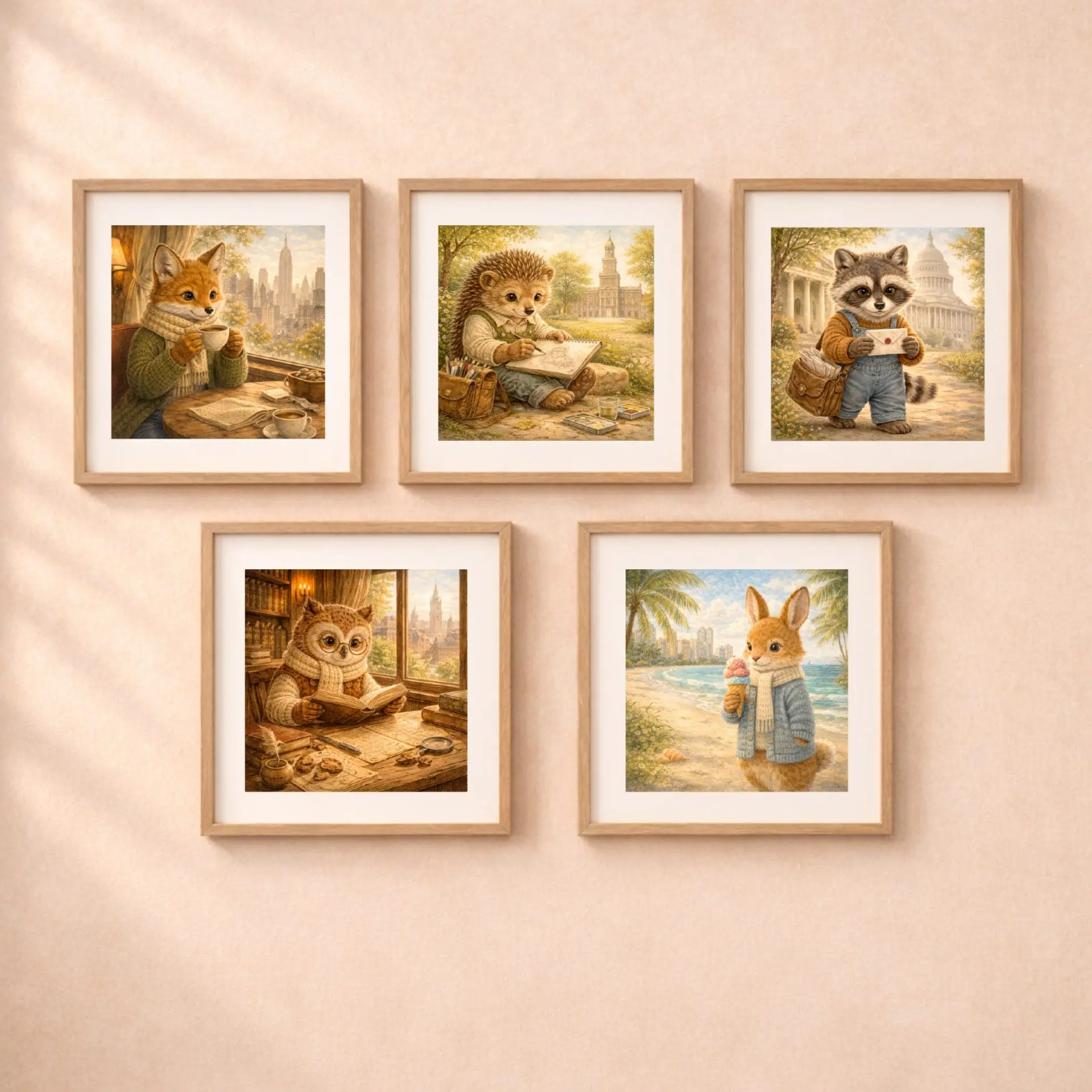 Hedgehog Philadelphia Printable Wall Art USA Travel Decor 6 Woodland Animals Travel USA printable wall art set fox hedgehog owl raccoon rabbit gallery wall
