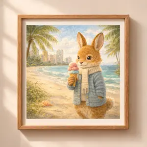 Rabbit Miami printable wall art, woodland bunny on beach with ice cream, coastal nursery decor, Quiet Woodland illustration USA