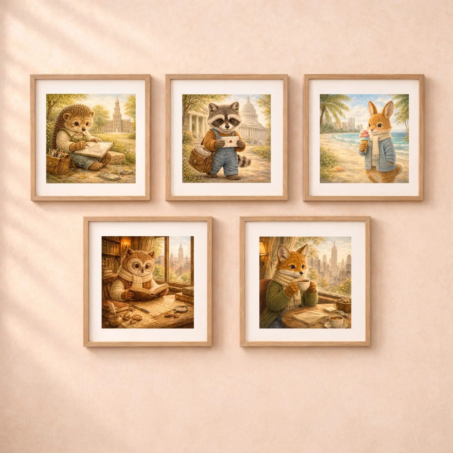 Raccoon Washington Printable Wall Art USA Travel Decor 6 Woodland Animals Travel USA gallery wall set raccoon fox rabbit owl hedgehog printable