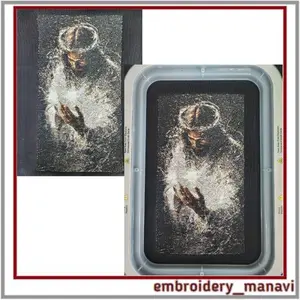 Photostitch embroidery of Jesus Christ with radiant light, shown both in hoop and finished piece, detailed 6x10 design by Embroidery Manavi 05.