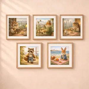 Woodland Animals Travel USA printable wall art set fox owl hedgehog rabbit raccoon