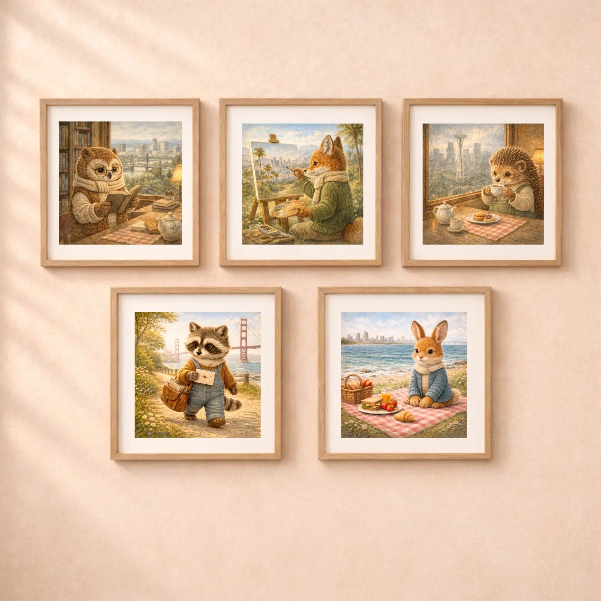 Fox Los Angeles Printable Wall Art Woodland USA Travel Decor 6 Woodland Animals Travel USA printable wall art set fox owl hedgehog rabbit raccoon