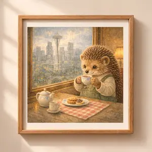 Seattle hedgehog printable wall art cozy rainy illustration with woodland animal drinking tea by window and Seattle skyline