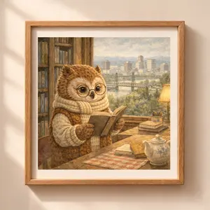 Portland owl printable wall art reading illustration cozy woodland nursery decor