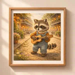 New Orleans raccoon printable wall art cozy nursery decor woodland animal illustration Quiet Woodland music street scene