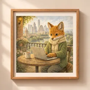 Austin fox printable wall art with cozy woodland fox using laptop in Austin Texas cityscape illustration