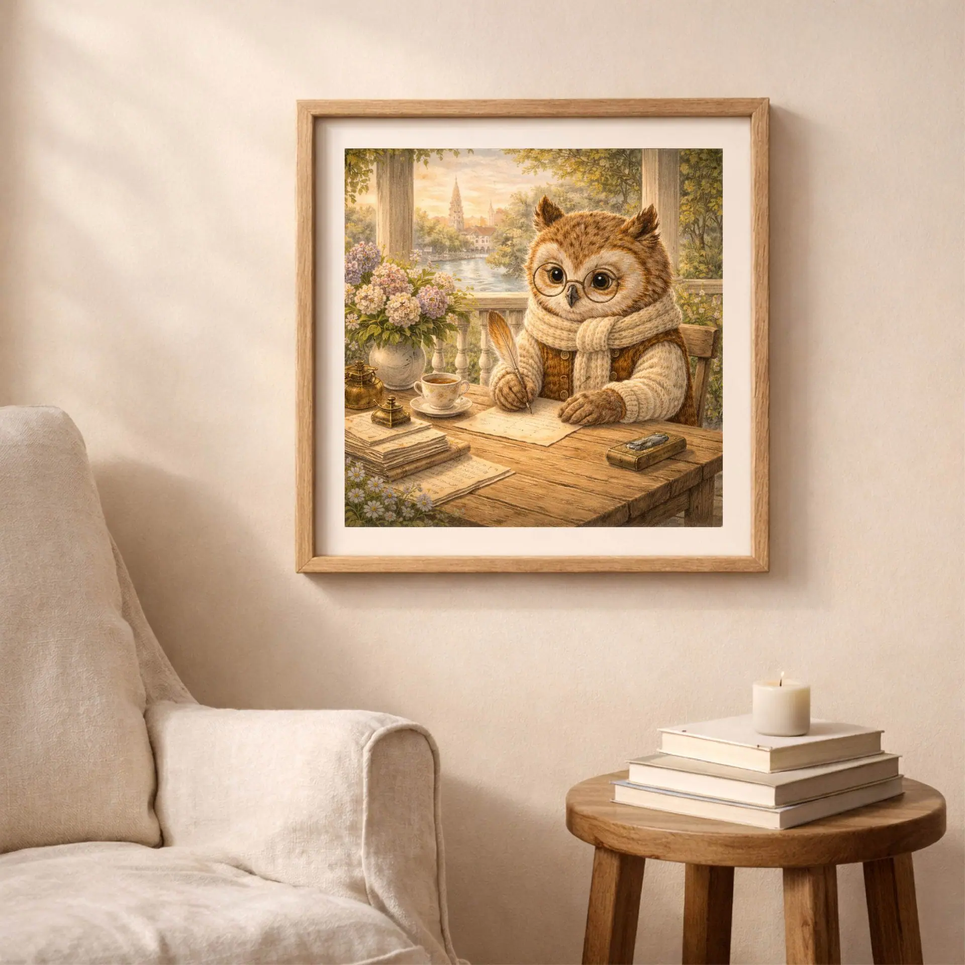 Savannah Owl Printable Wall Art Nursery Decor 3 Savannah owl printable wall art in cozy living room, nursery decor woodland animals illustration