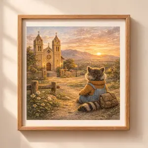 Albuquerque raccoon printable wall art southwest sunset landscape woodland animal illustration Quiet Woodland