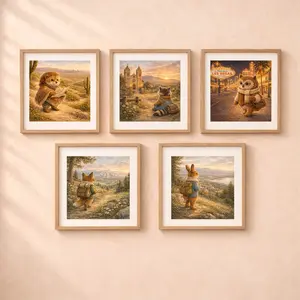Woodland Animals Travel USA printable wall art set raccoon Albuquerque fox rabbit owl hedgehog illustrations