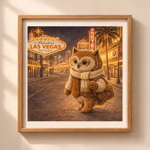 Las Vegas Owl printable wall art nursery decor Quiet Woodland illustration with cozy owl in Las Vegas city night scene