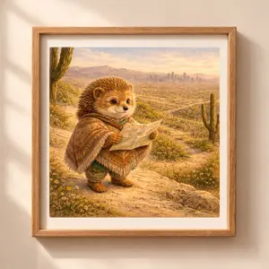 Phoenix Hedgehog printable wall art nursery decor Quiet Woodland illustration with hedgehog holding map in desert landscape