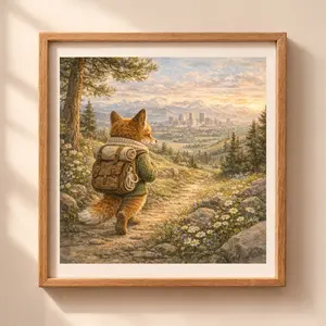 Denver fox printable wall art, woodland animal nursery decor, mountain landscape illustration, Quiet Woodland