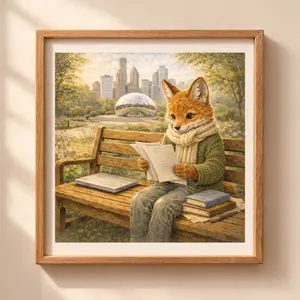 Chicago Fox Printable Wall Art nursery decor with city skyline and cozy woodland traveler Quiet Woodland illustration