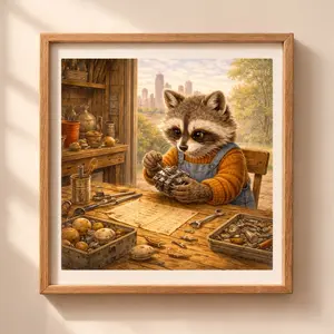 Detroit raccoon printable wall art, woodland animal mechanic illustration nursery decor USA travel