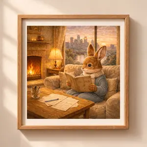 Minneapolis Bunny Printable Wall Art cozy nursery decor with rabbit reading by fireplace city skyline