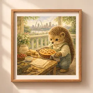 St Louis hedgehog printable wall art cozy baking illustration with woodland animal and Gateway Arch skyline