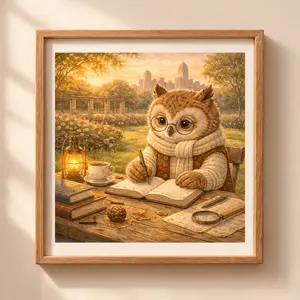 Kansas City owl printable wall art, woodland nursery decor, cozy owl writing illustration Quiet Woodland