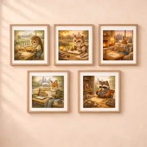 woodland animals travel USA printable wall art set owl fox hedgehog raccoon rabbit