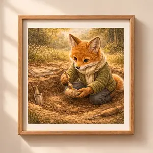 Fox Archaeologist Printable Wall Art woodland nursery decor illustration with fox digging and cleaning pottery in a cozy nature scene