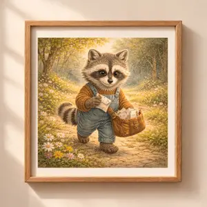 Raccoon Postman Printable Wall Art woodland nursery decor illustration by Quiet Woodland with raccoon delivering letters in forest