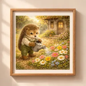 Hedgehog Gardener Printable Wall Art woodland nursery decor cute hedgehog watering flowers cottagecore illustration Quiet Woodland